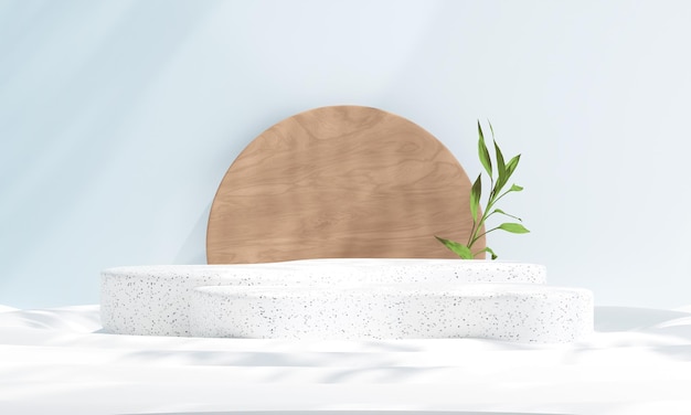 Abgerundetes Holz mit Terrazzo-Marmor-Podium für die Produktpräsentation 3D-Illustration