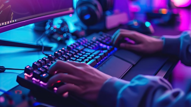 Abgeschnittene Ansicht eines Spielers mit Tastatur und Beleuchtung im Cyberclub