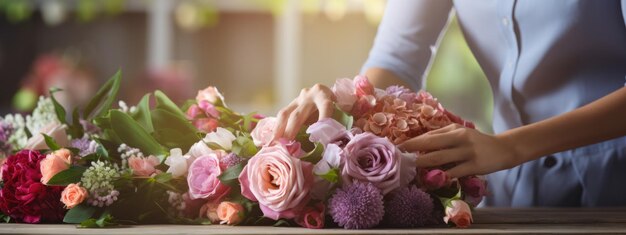 Foto abgeschnittene ansicht von blumenhändlern, die blumensträuße auf der tischoberfläche herstellen