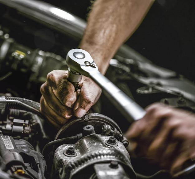 Abgeschnittene Hände eines Mechanikers, der den Motor eines Autos repariert