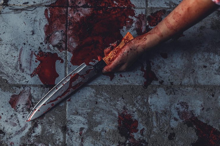 Foto abgeschnittene hand einer blutigen frau, die ein messer auf dem boden hält