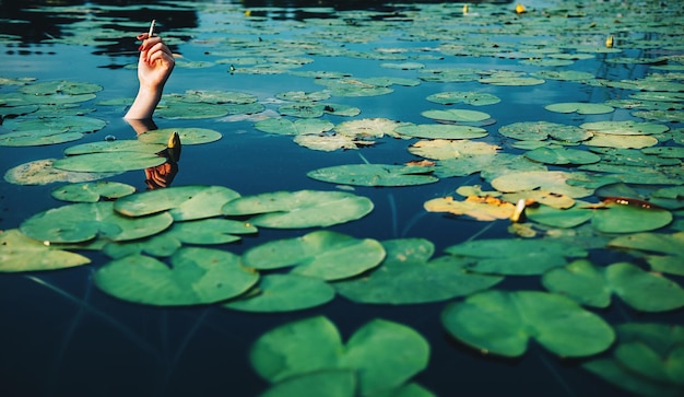 Abgeschnittene Hand einer Frau, die eine Zigarette hält, umgeben von Lilienblättern im Teich