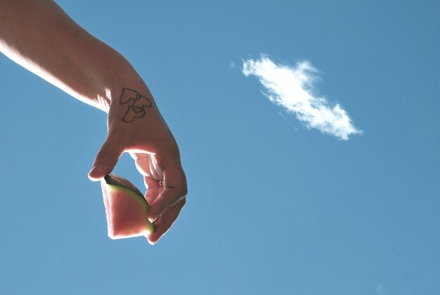 Foto abgeschnittene hand hält eine wassermelone gegen den blauen himmel