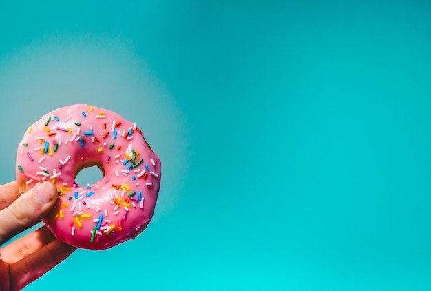 Abgeschnittene Hand hält einen Donut vor blauem Hintergrund