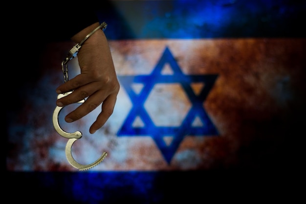 Abgeschnittene Hand mit Handschellen gegen die israelische Flagge