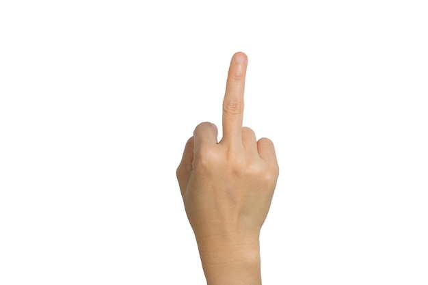 Abgeschnittene Hand mit Mittelfinger auf weißem Hintergrund