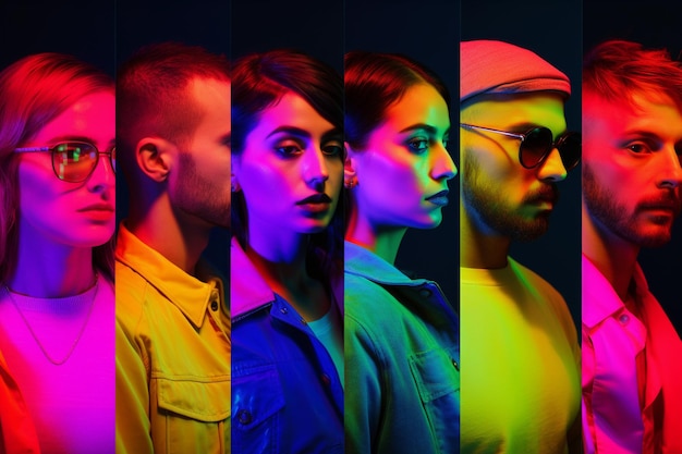 Abgeschnittene Porträts einer Gruppe von Menschen auf einem mehrfarbigen Hintergrund mit Neonlicht Collage
