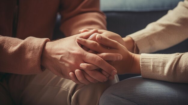 Abgeschnittenes Bild einer Frau, die die Hände des Mannes und der Frau auf dem Tisch hält