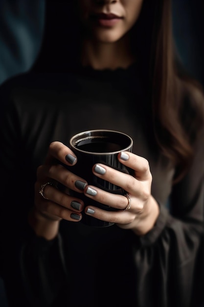 Abgeschnittenes Bild einer Frau, die eine Tasse Kaffee hält, erstellt mit generativer KI