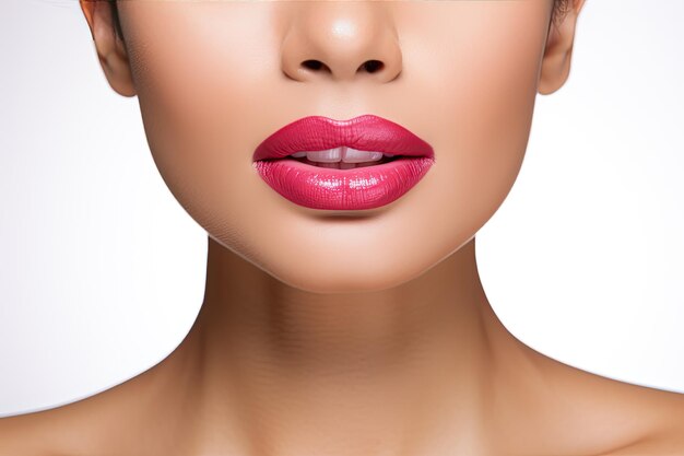 Abgeschnittenes Bild einer Frau mit Lippenstift, isoliert auf Beige 1