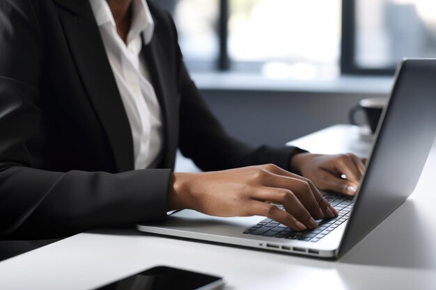 Abgeschnittenes Bild einer Geschäftsfrau, die ihren Laptop bei der Arbeit benutzt, erstellt mit generativer KI