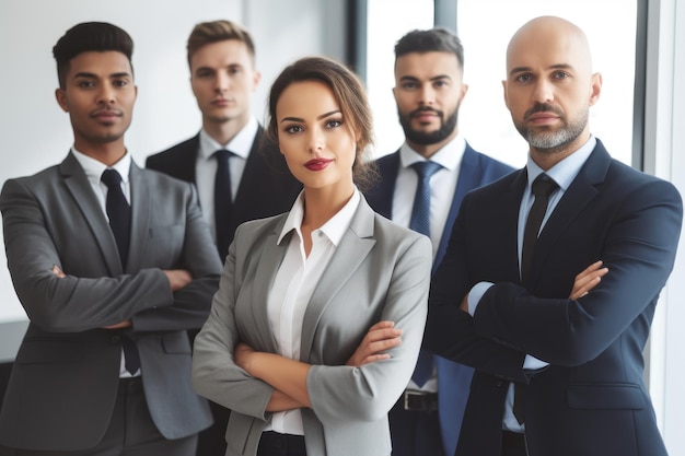 Abgeschnittenes Bild einer Gruppe von Geschäftsleuten, die in ihrem Büro stehen, erstellt mit generativer KI