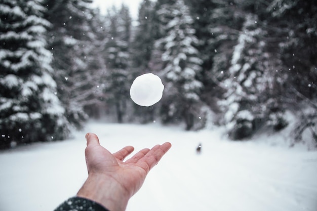 Abgeschnittenes Bild einer Hand, die Schnee fängt