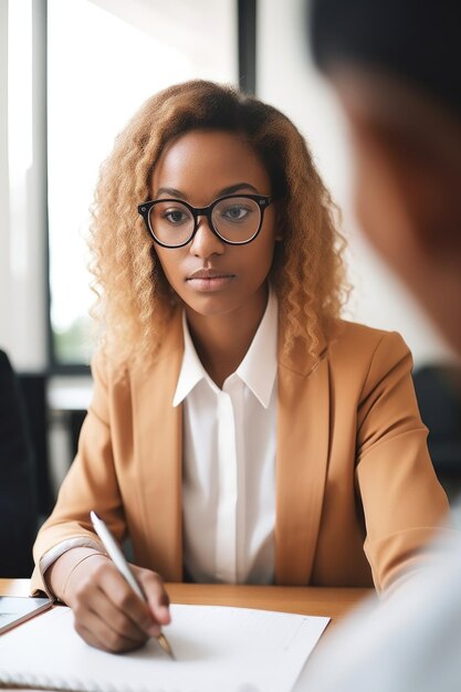 Abgeschnittenes Bild einer jungen Frau, die Papierarbeit in einem Büro unterschreibt