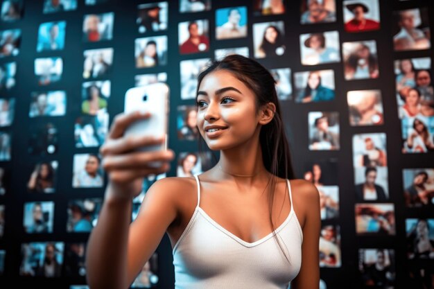 Abgeschnittenes Bild einer jungen Frau, die vor ihrer Social-Media-Wand Selfies macht