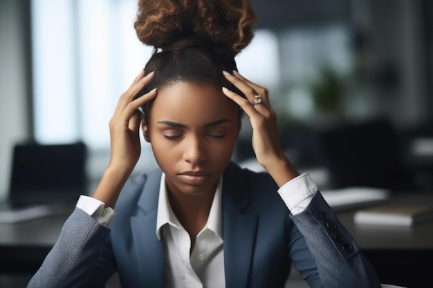 Abgeschnittenes Bild einer jungen Geschäftsfrau, die gestresst aussieht, im Büro, das mit generativer KI erstellt wurde