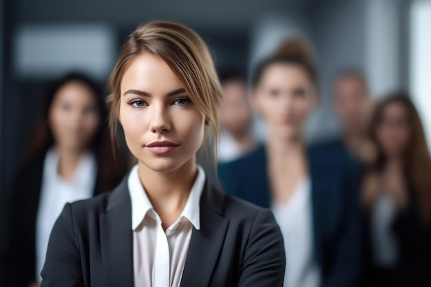 Abgeschnittenes Bild einer jungen Geschäftsfrau mit ihren Kollegen im Hintergrund