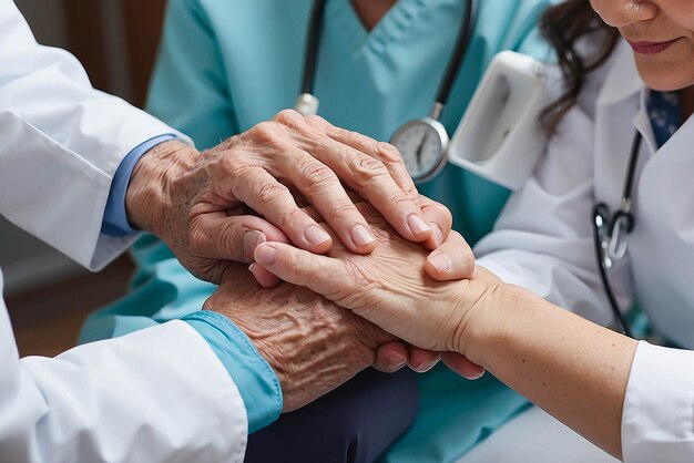 Foto abgeschnittenes bild einer krankenschwester, die ihre älteren patienten an der hand hält, die unterstützung gibt, ein arzt, der einem alten patienten mit alzheimer hilft, eine pflegerin, die die hände eines älteren mannes hält