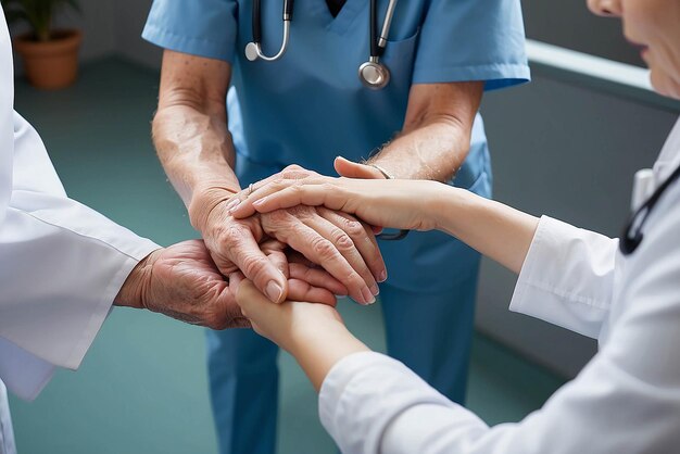Abgeschnittenes Bild einer Krankenschwester, die ihre älteren Patienten an der Hand hält, die Unterstützung gibt, ein Arzt, der einem alten Patienten mit Alzheimer hilft, eine Pflegerin, die die Hände eines älteren Mannes hält