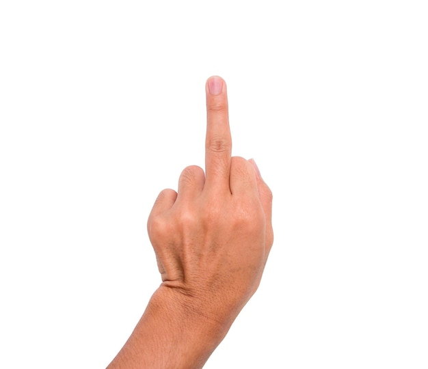 Abgeschnittenes Bild einer Person mit dem Mittelfinger auf weißem Hintergrund