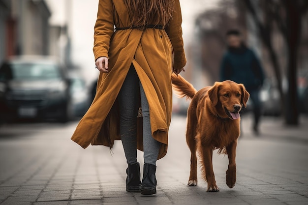 Abgeschnittenes Bild einer unerkennbaren Frau, die ihren Hund mit generativer KI spazieren führt