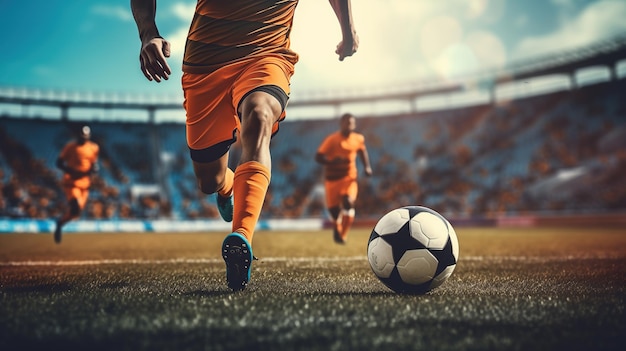 Abgeschnittenes Bild eines Fußballspielers mit laufendem Fußball im Stadion während eines Fußballmatches