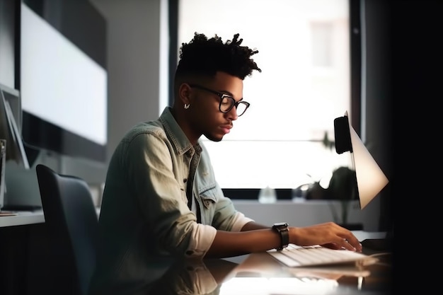 Abgeschnittenes Bild eines jungen Designers, der in seinem Büro arbeitet, erstellt mit generativer KI