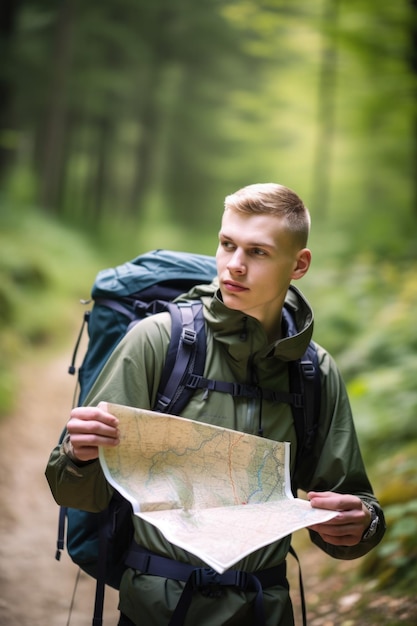 Abgeschnittenes Bild eines jungen Mannes, der auf dem Weg eine Karte betrachtet, erstellt mit generativer KI