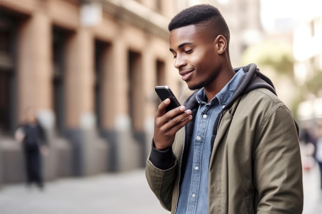 Abgeschnittenes Bild eines jungen Mannes, der sein Handy benutzt, während er mit Ihnen spricht, erstellt mit generativer KI