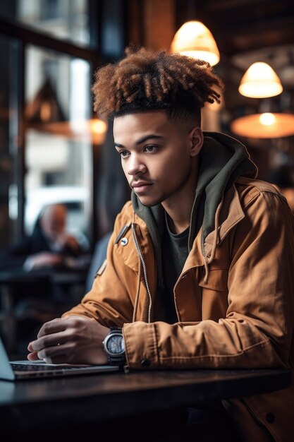 Abgeschnittenes Bild eines jungen Mannes mit seinem Laptop in einem Café, das mit generativer KI erstellt wurde