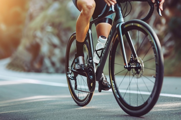 Abgeschnittenes Bild eines Radfahrers, der auf einer Landstraße Fahrrad fährt