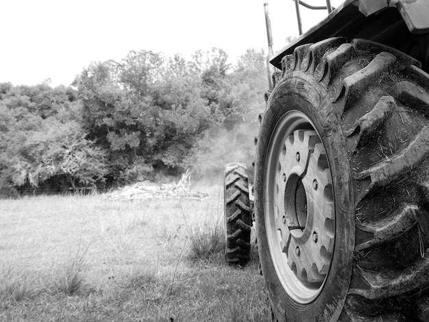 Foto abgeschnittenes bild eines traktors auf dem feld gegen bäume