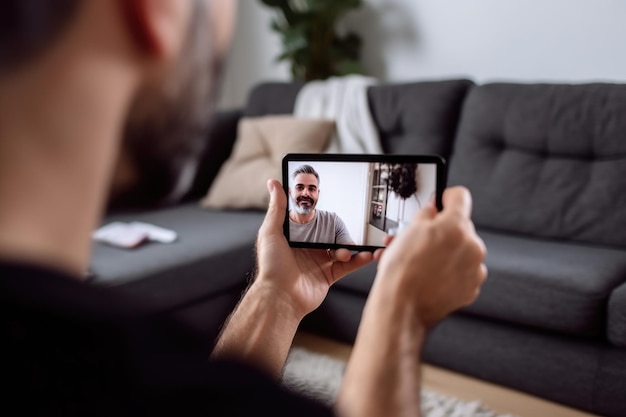 Abgeschnittenes Bild eines unerkennbaren Mannes, der zu Hause auf seinem Sofa videoanruft