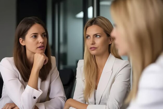 Abgeschnittenes Bild von drei Geschäftsfrauen, die in ihrem Büro sprechen, erstellt mit generativer KI