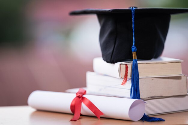 Abgeschnittenes Foto eines Hochschulabschlusshutts und eines Diplomzeugnisses auf dem Tisch