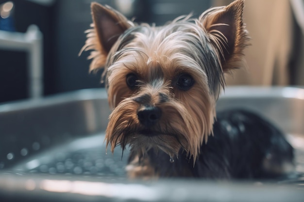 Abgeschnittenes Foto eines kleinen Hundes in einer Seife. Yorkshire-Terrier, der im Groomer-Salon behandelt wird. Yorkshire-Terrier-Welpe ist nass