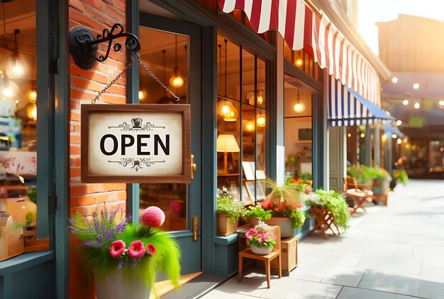 Abierto escrito en un tablero fuera de una tienda