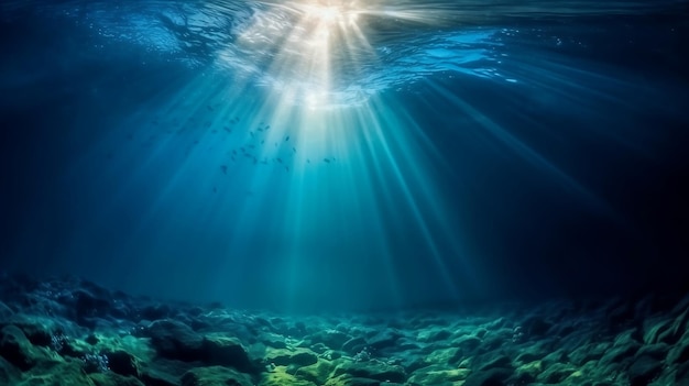 Abismo de aguas profundas del mar submarino con luz azul del sol