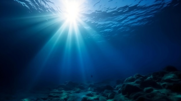 Abismo de aguas profundas del mar submarino con luz azul del sol