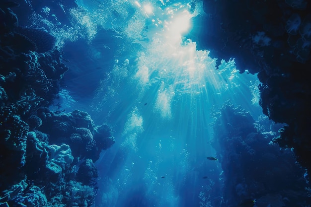 Abismo azul submarino con buceo a la luz del sol y fondo de buceo