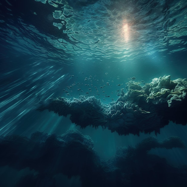 Foto abismo de água de mar profundo com luz azul do sol