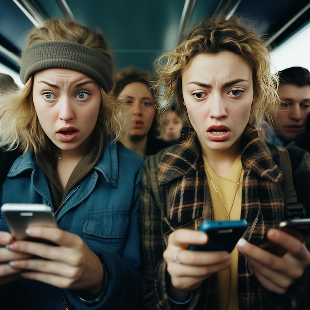 Foto en el abismo digital capturando el horror de un mundo hiperrealista a través de la mirada cautivada de las mujeres