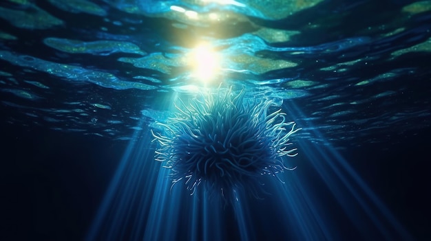 Foto abismo profundo del mar submarino con ia generativa de luz solar azul