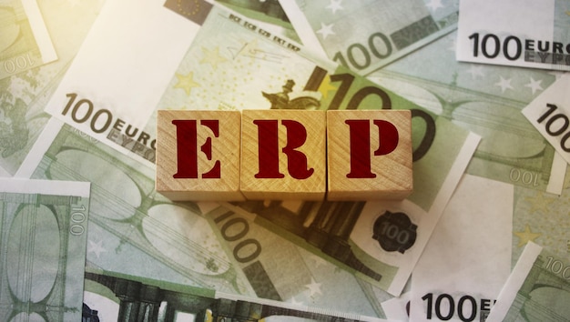 Abkürzung ERP Enterprise Resource Planning auf Holzwürfeln auf 100-Euro-Banknoten Geschäftsanalysekonzept