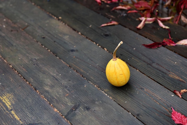 Abóbora amarela de outono numa mesa de madeira