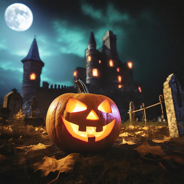 Abóbora assustadora de Halloween à noite com um castelo ao fundo