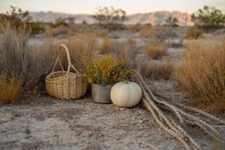Foto abóbora branca em cena de outono com cestas de flores silvestres do deserto ao ar livre na paisagem do deserto de mojave