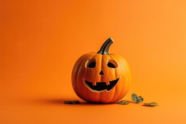 Abóbora com cara engraçada em fundo laranja no lado para copiar IA generativa de Halloween