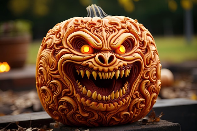 abóbora com cara esculpida assustadora para celebração de Halloween