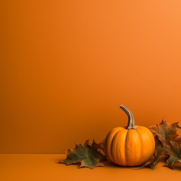 Abóbora com folhas de outono em fundo laranja Copiar espaço Halloween ou conceito de Ação de Graças